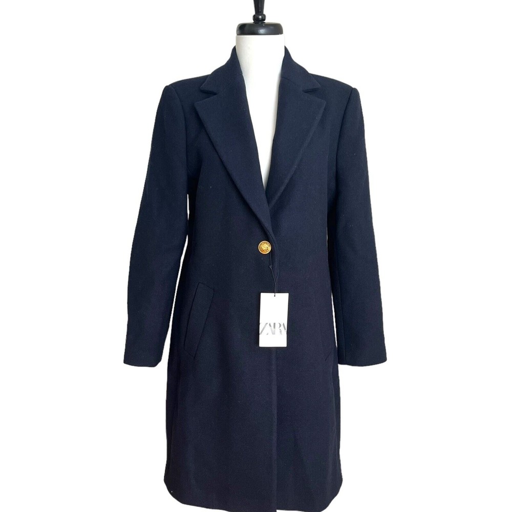Zara Coat Wool Blend Long Dark Navy Blue One Gold Button Lined Womens L 8367/734 - Picture 2 of 12